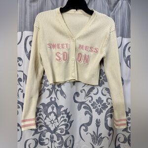 Halo Lala Y2K Cream and Pink Cropped Long Sleeves‎ Cardigan Knit Sweater Size M